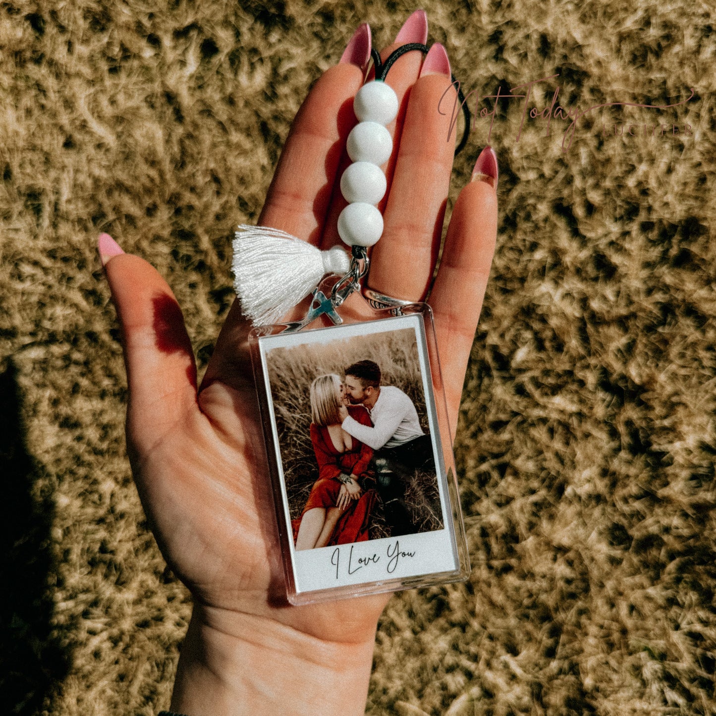 Personalized Polaroid Car Rearview Picture Hanger with text (Small Beads)